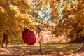 Fun in the autumn forest Ã¢â¬â woman with umbrella enjoying in nat